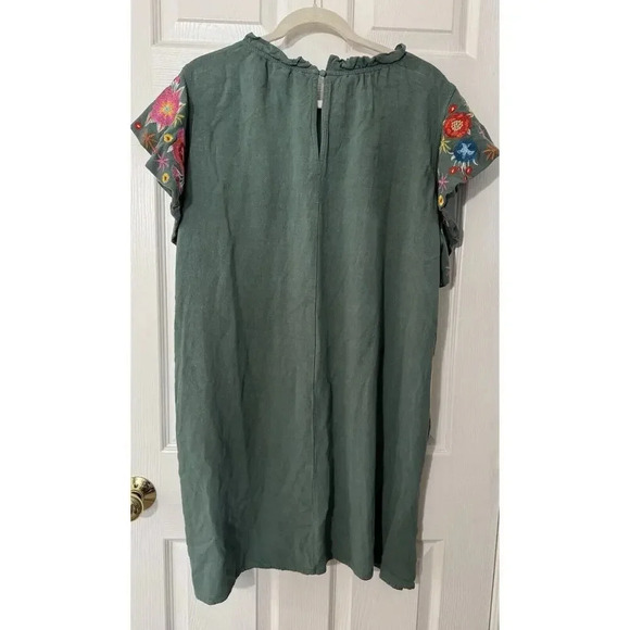 Embroidered Womens Linen Dress 1Sz Green Lagenlook Artsy Cottagecore Boho Hippie - Picture 7 of 16